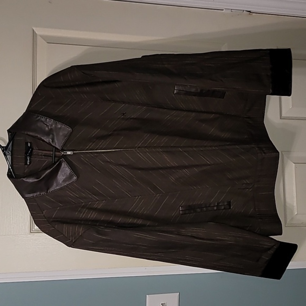 STACY ADAMS Men's XL Brown Jacket With Leather Collar & Cuff Good‎ Condition